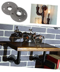 Two Pack Vintage Malleable Iron Floor Flange Set, Wall Mounted Threaded Fittings, retro industrial shelf decor, plumbing detail.
