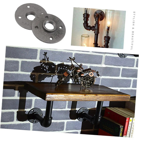 Two Pack Vintage Malleable Iron Floor Flange Set, Wall Mounted Threaded Fittings, retro industrial shelf decor, plumbing detail.