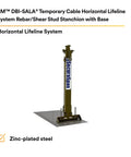 Rugged Steel Horizontal Lifeline System With Plug And Play Stanchion Base For Rebar Or Shear Stud Anchors standing on a surface, zinc-plated.