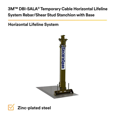 Rugged Steel Horizontal Lifeline System With Plug And Play Stanchion Base For Rebar Or Shear Stud Anchors standing on a surface, zinc-plated.