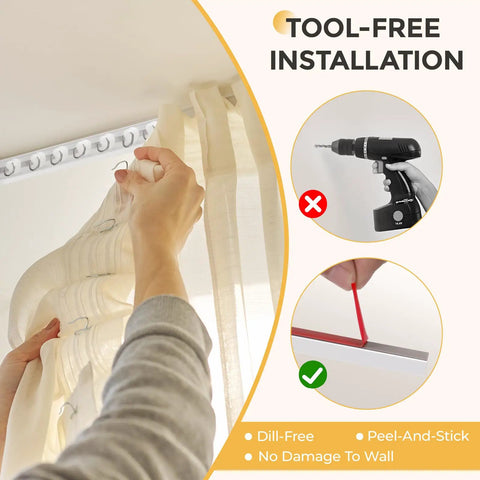 No Drill Self Adhesive Curtain Track For Ceiling Or Wall Mount 5.4 Feet Long Unbendable And Cuttable Supports Up To 18 Pounds Lightweight Durable Plastic Ideal For RV Windows Living Room Bedroom Curtains, tool-free install