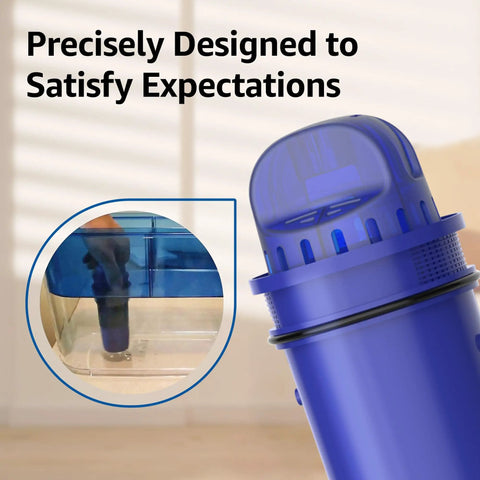 Close-up of blue 7010 Replacement Water Filter Fits Pur And Pur Plus Pitchers And Dispensers, NSF Certified, in use and insert detail.