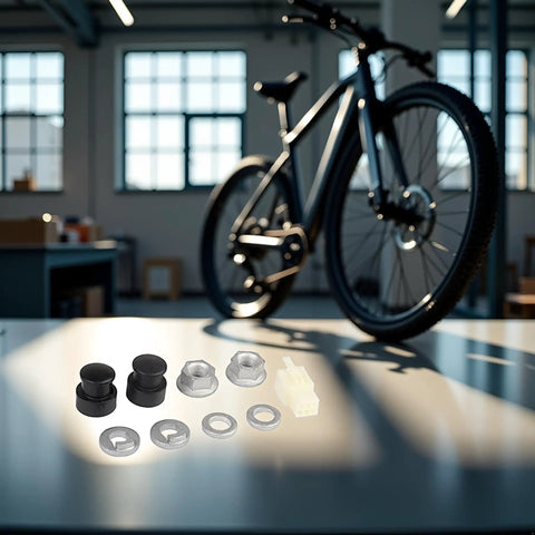 Front Hub Lock Nut Set For E Bike Motors 12mm Shaft Includes Lock Nut Lock Washer And Nut Cover Durable Steel For A Ride Ready Front Wheel Install And Bike Hub Accessories displayed on a table