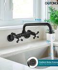 Wall Mount Kitchen Sink Faucet With Double Cross Handles, 360 Degree Rotatable Spout, 8 Inch Reach, Commercial Grade Brass