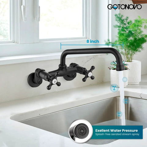 Wall Mount Kitchen Sink Faucet With Double Cross Handles, 360 Degree Rotatable Spout, 8 Inch Reach, Commercial Grade Brass