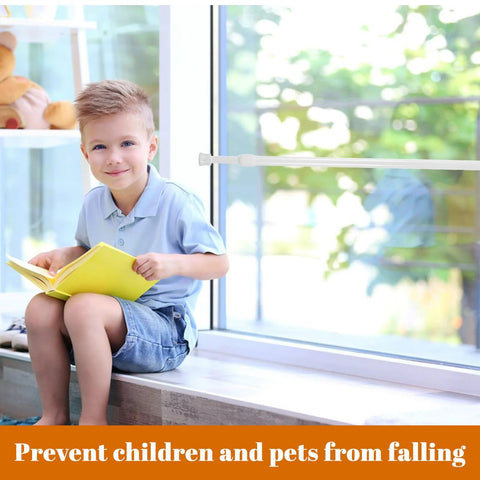 Child sitting by window with adjustable sliding glass door security bar installed for extra protection.
