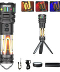 Uber Bright Rechargeable LED Flashlight Lantern with tripod, accessories, 10000 lumens, ultra beam, weatherproof design.