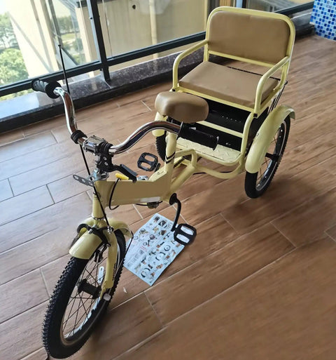 Three Wheel Kids Pedal Tricycle With Back Seat, Belt And Armrests, Front And Rear Brakes, Outdoor Cruiser With Pneumatic Spoke Wheels, Suitable For Ages 3 To 10, Up To 330 Lbs on wooden floor