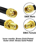 Close-up of Six Foot SMA Male To SMA Female RG58 Coax Jumper Cable with brass gold plated connectors for signal transmission.