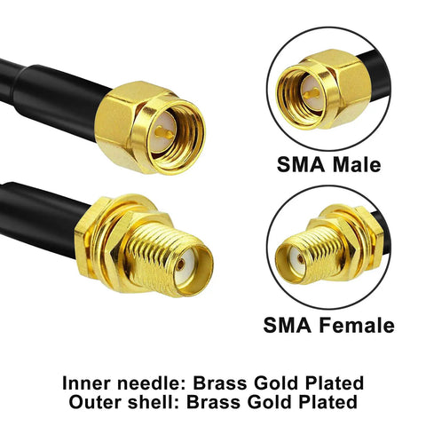 Close-up of Six Foot SMA Male To SMA Female RG58 Coax Jumper Cable with brass gold plated connectors for signal transmission.