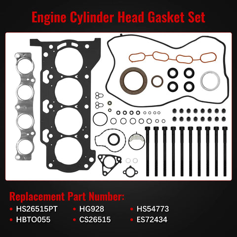 Engine Cylinder Head Gasket Set with bolts on display board, part numbers HS26515PT, HG928, CS26515, HS54773, ES72434