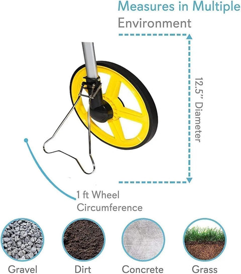 Heavy Duty Digital Distance Measuring Wheel With 12 Inch Wheel And Large LCD Display shows 12.5-inch diameter wheel measuring on gravel.