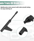 Close-up of multifunction auto transmission oil drain wrench for Mercedes 725 gearbox 9 speed 9G Tronic oil change tool set.