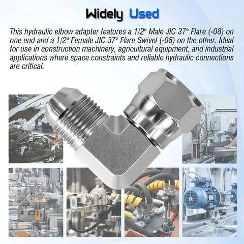 Beefy One Half Inch JIC 37 Degree Male To One Half Inch JIC 37 Degree Female Swivel Hydraulic Adapter Fitting For High Pressure SAE J514 Systems Durable Leak Free Connection For Power Packs Machinery And Industrial Hydraulics, 1/2 in elbow