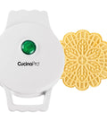 Cute Mini Electric Pizzelle Maker Creates Single 4 Inch Italian Waffle Cookies with nonstick plates and green indicator light.