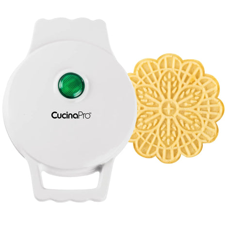 Cute Mini Electric Pizzelle Maker Creates Single 4 Inch Italian Waffle Cookies with nonstick plates and green indicator light.