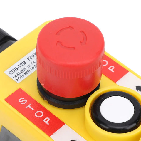 Industrial IP68 Waterproof Two Key Push Button Switch For Crane Hoist Remote Control With Emergency Stop Heavy Duty Pendant Control Station With Rugged Metal Shell And 2 Key Design For Quick Safe Operation, red stop button close-up