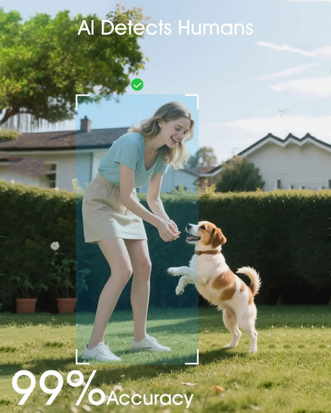Woman playing with dog in garden, showing PIR Human Detection feature of Solar Powered 2K Outdoor Security Camera With 360 Degree Pan Tilt
