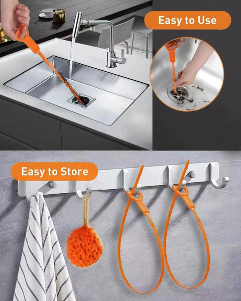 Person using 6 Pack Hair Drain Clog Remover Tools Kit With Plastic Sticks And One Stainless Steel Cleaner in kitchen sink and storage view