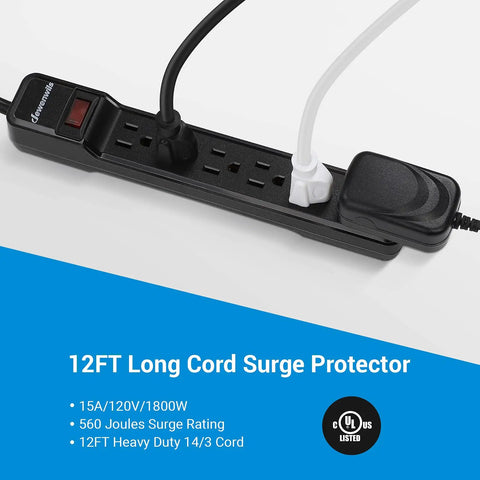 Surge Protector Power Strip With 12 Ft Extension Cord Flat Plug 6 Outlets One Wide Spaced Socket For Bulkier Plugs 500J Surge