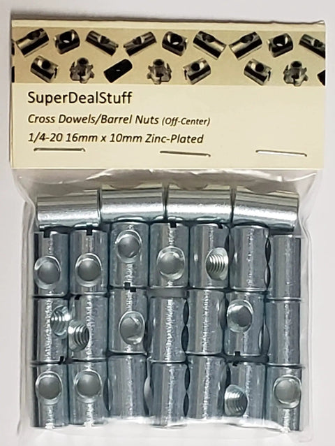 Cross Dowels and Barrel Nuts Bulk Pack Twenty Five One Quarter Twenty Thread Zinc Plated Steel 16 Millimeter By 10 Millimeter