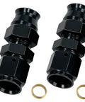 Two black aluminum 6AN female flare to 3/8 in tube compression hardline fittings with brass washers (2-pack)