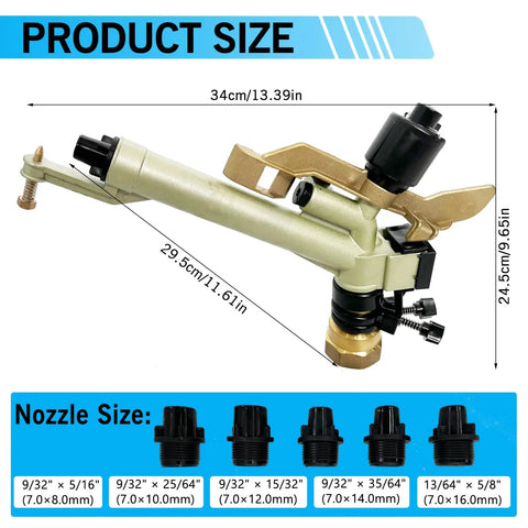 1.5 Inch Irrigation Sprinkler For Farm And Lawn, 360 Degree Adjustable Sprayer With Aluminum Alloy Body, Nozzle Sizes Shown