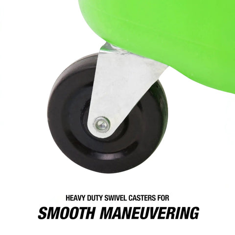 Close-up of heavy-duty swivel caster on 9 Gallon Oil Drain Pan With 17 Inch Funnel, Adjustable Height From 32 To 62 Inches.