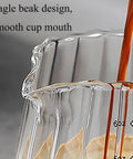 Close-up of Double Scale Glass Measuring Cup With Wooden Handle For Coffee And Espresso, Borosilicate, Easy Pour, showing V-shaped spout