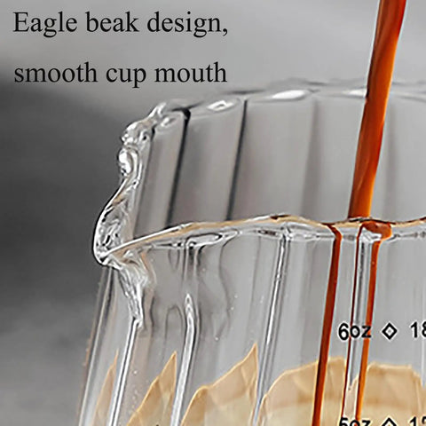 Close-up of Double Scale Glass Measuring Cup With Wooden Handle For Coffee And Espresso, Borosilicate, Easy Pour, showing V-shaped spout