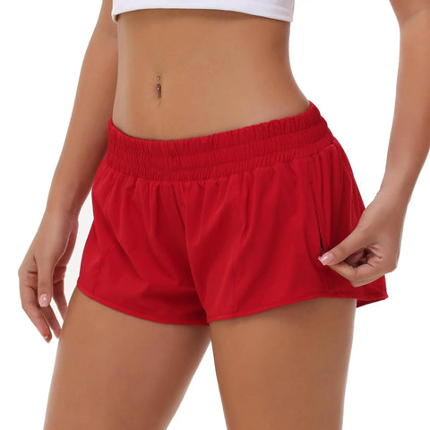 Ultra Lightweight Women Running Shorts with elastic waistband and zip pocket, red color, showing detail view.