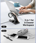 Travel Ready 3 In 1 Wireless Fast Charger Station for iPhone, Apple Watch, and AirPods in use with a laptop on a clean desk.
