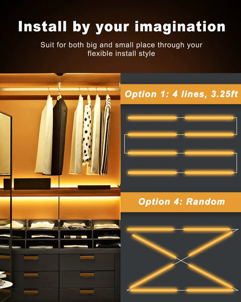 Under Cabinet Lighting Kit With 15 Ft Extendable LED Strips shown in closet with flexible layout options.