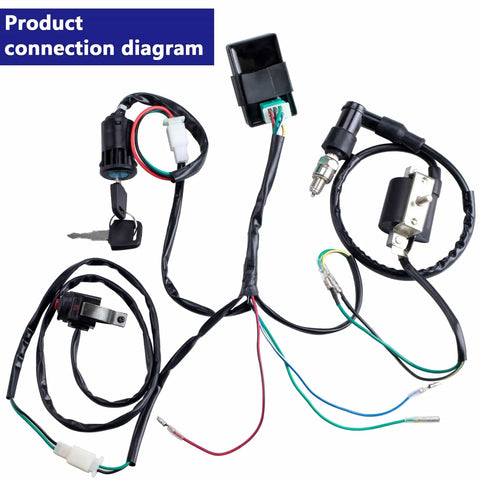 Complete Wiring Harness Kit With Kill Switch Ignition Coil CDI Box Spark Plug Rebuild For Kick Start Dirt Bike ATV Go Kart 50cc To 160cc 4 Stroke Buggy diagram