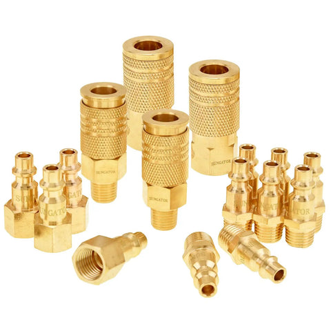 One Quarter Inch Air Compressor Quick Connect Fittings Kit 16 Piece Solid Brass Couplers And Plugs NPT for home garage workshops