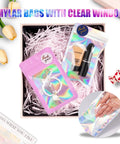 Gift box containing Mylar bags with clear window for cosmetics and jewelry, part of 100 Pack Holographic Mylar Resealable Bags 3x3 Inch With Clear Window For Candy Snacks Small Biz Storage Smell Proof Packaging Black Color Great For Giftable Display And Freshness