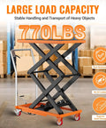 GarveeTech 770 Lbs Capacity Hydraulic Lift Table Cart With Non-Slip Pad, 59 Inch Manual Double Scissor Platform For Heavy Duty Material Handling And Transport, Orange with scissor base and lift handle.