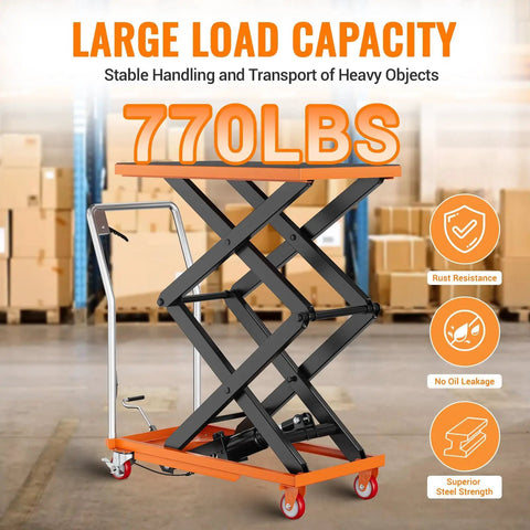 GarveeTech 770 Lbs Capacity Hydraulic Lift Table Cart With Non-Slip Pad, 59 Inch Manual Double Scissor Platform For Heavy Duty Material Handling And Transport, Orange with scissor base and lift handle.