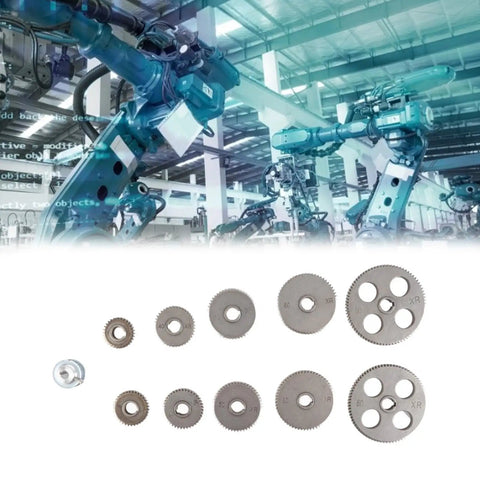11Pcs Dope Mini Lathe Gear Set With 17 Teeth Motor Pulleys For Metal Cutting Machines displayed with industrial robots