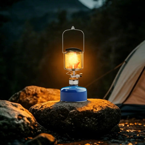 Portable Propane Gas Lantern For Camping With Copper And Stainless Steel Construction on rock at campsite