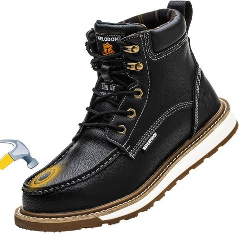 Waterproof Steel Toe Boots For Men 6 Inch Leather Moc Toe Work Shoes With Non Slip Grip Durable Construction Safety Footwear For Job Sites Black Size 11