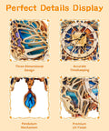 Butterfly Themed 3D Puzzle Clock Kit With Pendulum Wooden Model details: iridescent blue wings, Roman numeral dial, pendulum, finish.