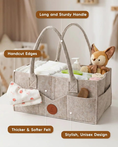 Oversized Khaki Felt Diaper Caddy Organizer For Changing Table Designed To Hold Gotta Have Baby Stash And Keep Nursery Operations Smooth Throughout Playtime