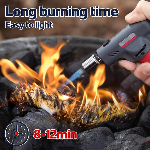 Hand lighting 72 Pack Extra Long Fire Starters with torch in outdoor grill, showcasing 12-minute burn and flame intensity.