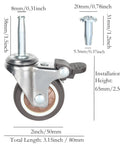 Smooth Rolling Rock Solid Stem Caster Wheels With 5/16 X 1.5 Inch Socket TPR Rubber Replacement Castors Swivel Plate With Brakes For Furniture Cart And Workbench 2 Inch 300 Lb Load Capacity, showing detailed dimensions and brake.