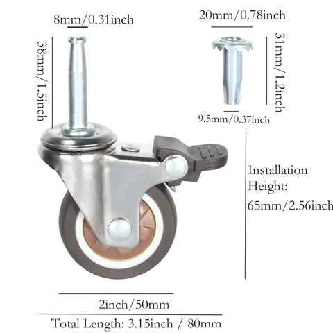 Smooth Rolling Rock Solid Stem Caster Wheels With 5/16 X 1.5 Inch Socket TPR Rubber Replacement Castors Swivel Plate With Brakes For Furniture Cart And Workbench 2 Inch 300 Lb Load Capacity, showing detailed dimensions and brake.