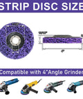 4 Inch Paint Stripping Discs 12 Pack, showing purple nylon mesh pad dimensions for angle grinders and compatibility.
