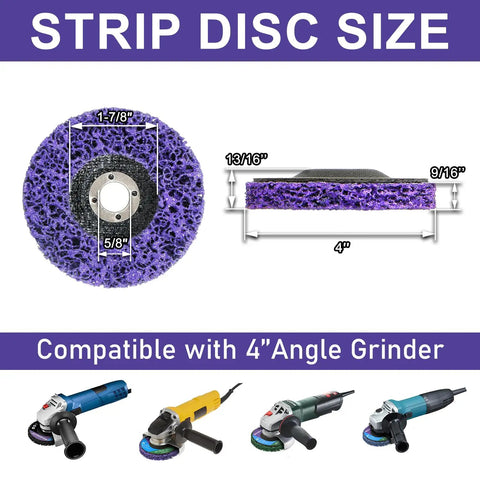 4 Inch Paint Stripping Discs 12 Pack, showing purple nylon mesh pad dimensions for angle grinders and compatibility.