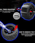 One Fourteen Scale All Terrain RC Car 4WD Off Road Truck with dual tires, illustrating tire removal using a screwdriver