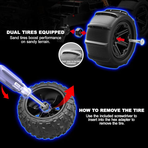 One Fourteen Scale All Terrain RC Car 4WD Off Road Truck with dual tires, illustrating tire removal using a screwdriver